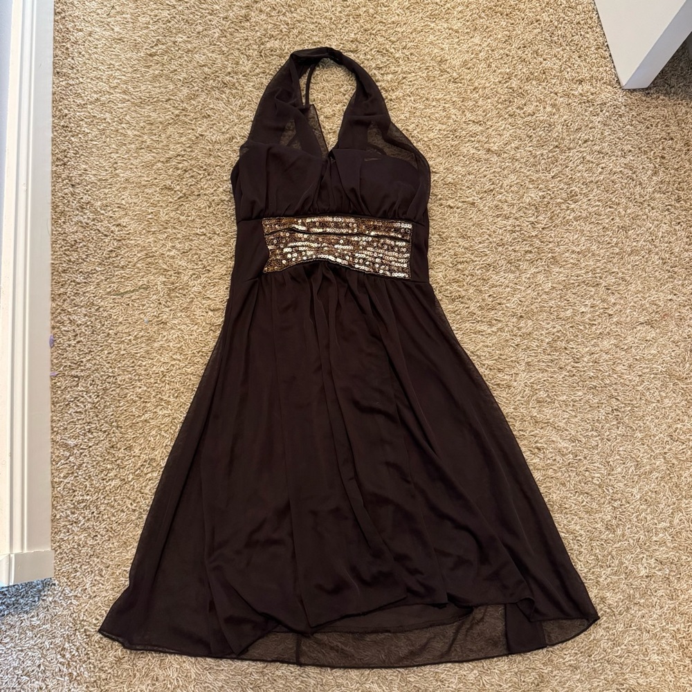 Elegant Brown Halter Dress with Sequin Detail
